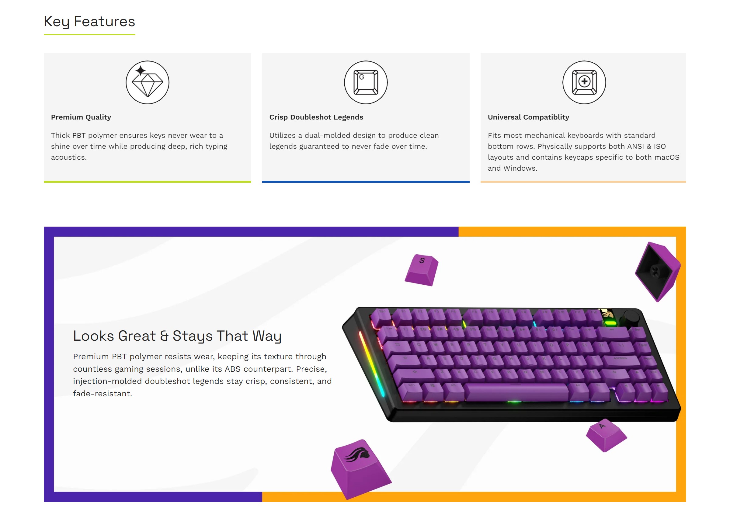 A large marketing image providing additional information about the product Glorious GPBT Basics Keycaps - Epic Purple - Additional alt info not provided